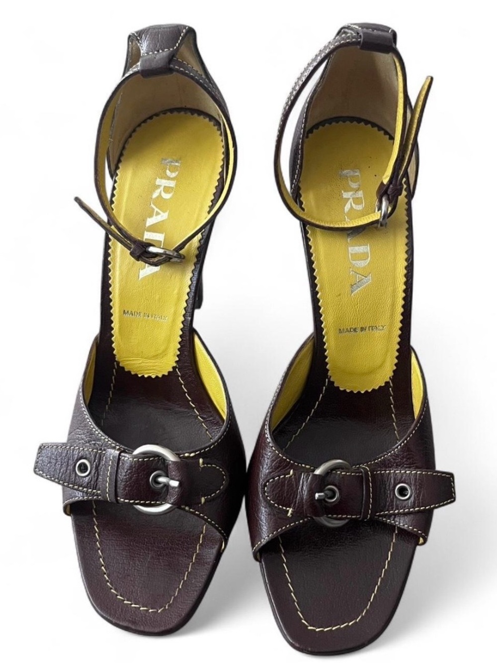Prada Dark Brown Leather Buckle Ankle-Strap Heels with Yellow Insole